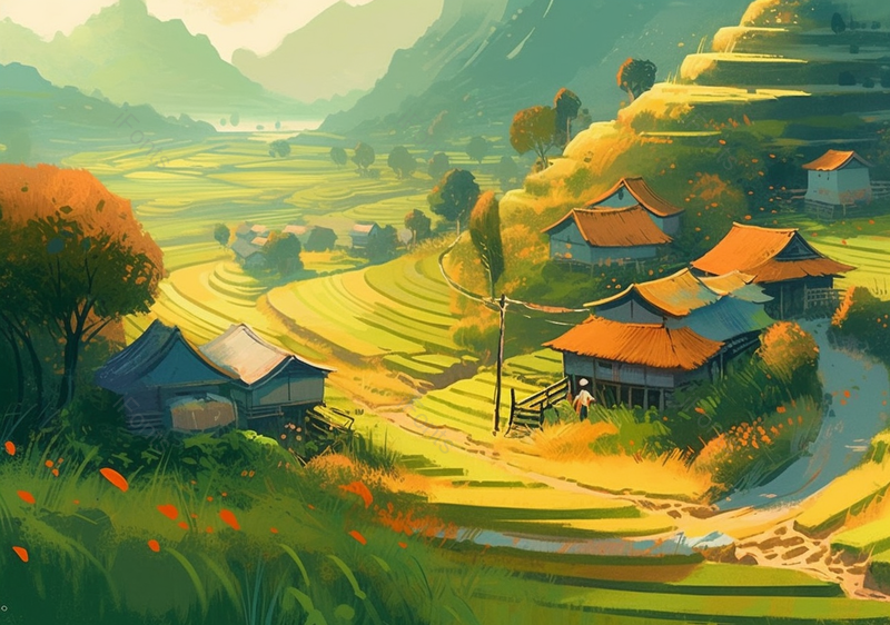 绿色村外花海梯田手绘场景,插画/手绘图,插画/手绘图库,插画/手绘图下载,插画/手绘